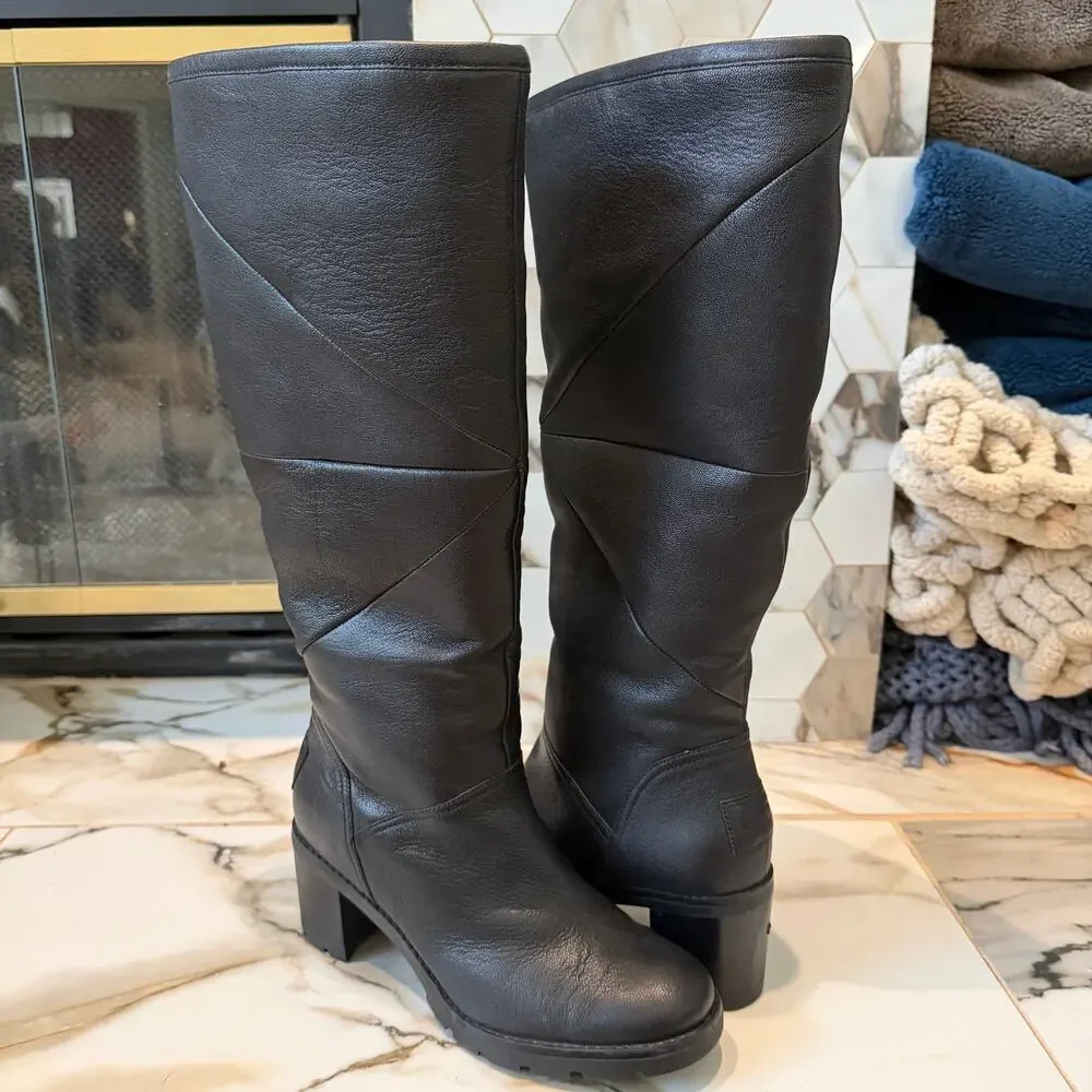 Ugg Women's Avery Tall Black Leather Shearling Interior‎ Block Heel Boots Size 8